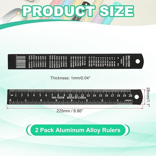 PATIKIL 20cm/8" Metal Ruler, 2 Pack Aluminum Alloy Rulers with Centimeters, Millimeters, Inches and Conversion Table Straight Edge Ruler for Writing Machinist Drafting, Black
