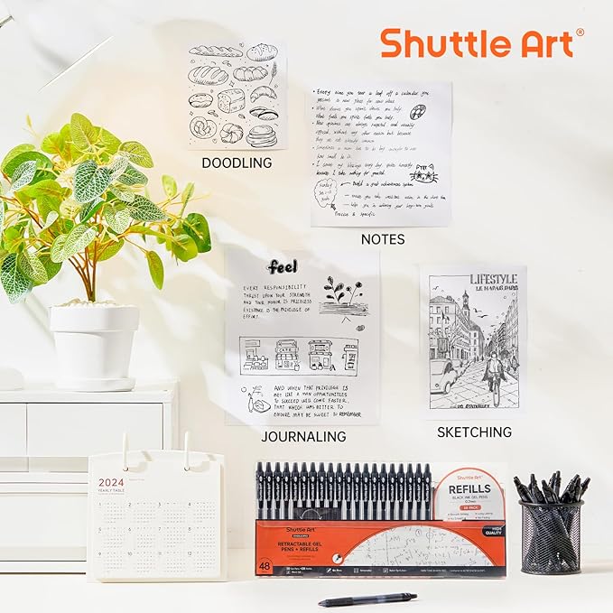 Shuttle Art Black Gel Pens, 48 Pack(20 Pens with 28 Refills) Retractable Medium Point Rollerball Gel Ink Pens Smooth Writing with Comfortable Grip for Office School Home Work