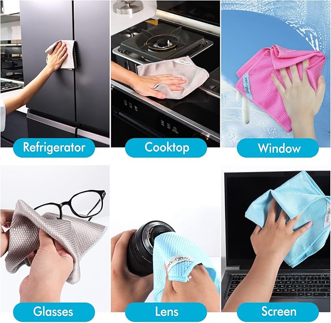 Streak Free Window Cleaning Cloth Miracle Microfiber Cloths for Glass,Kitchen,Counter,Mirror Lint Free Dish Drying Cloths Glass Polishing Rag,All-Purpose,Reusable,Fish Scale Nanoscale towel Pack of 12