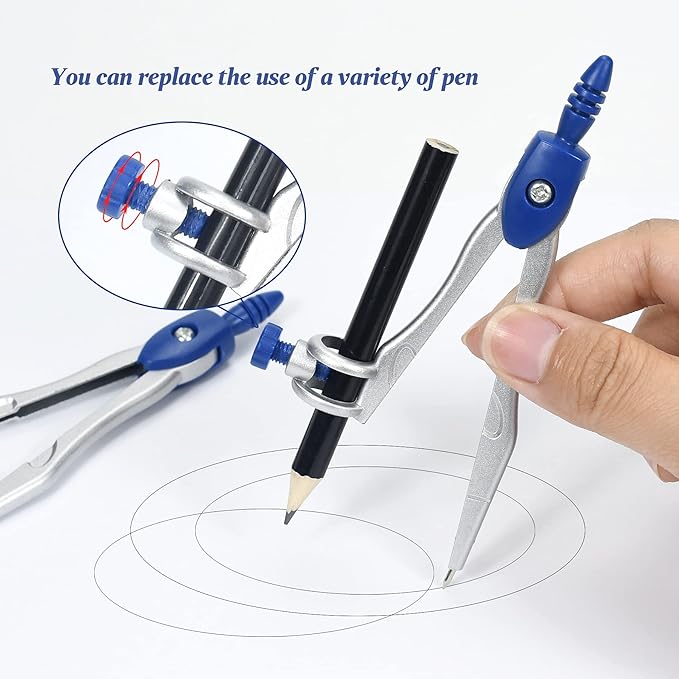 Math Geometry Kit Sets 10 Piece Student Supplies with Shatterproof Storage Box,Includes Rulers,Protractor,Compass,Eraser,Pencil Sharpener,Lead Refills,Pencil,for Drafting and Drawings（Navy blue）