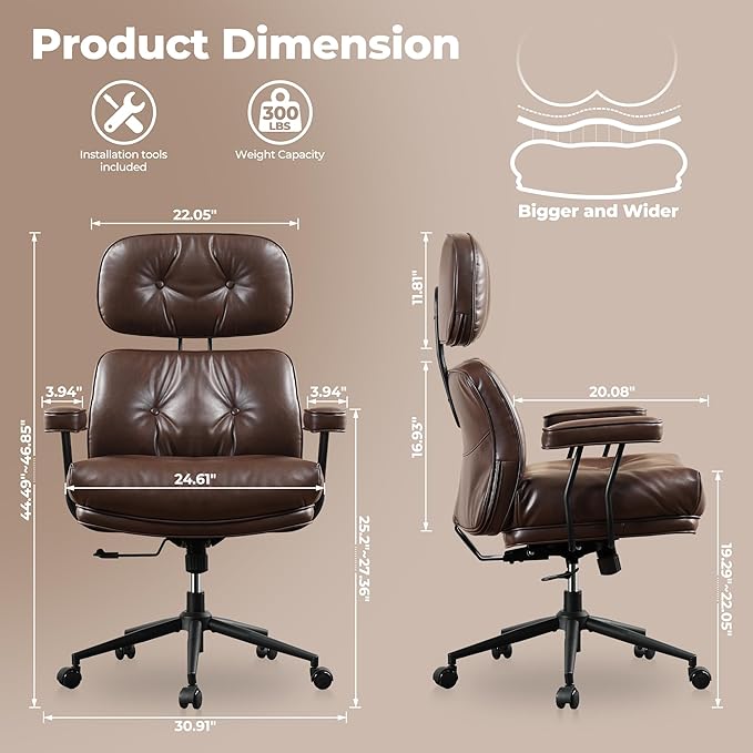 ovios Home Office Chair, Mid-Century Modern Faux PU Leather Chairs with Lumbar Support Comfy Thick Cushion, High Back Ergonomic Swivel Rolling Executive Armchair (Dark Brown, PU Leather)