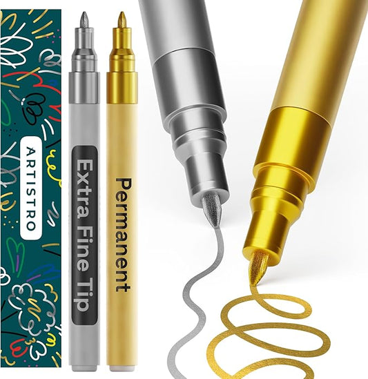 ARTISTRO 2 Gold & Silver Permanent Marker - Waterproof Markers for Tire, Fabric, Rocks, Glass, Ceramic, Wood, Paper - Oil Based Paint Pens - Extra-Fine Tip 0.7mm