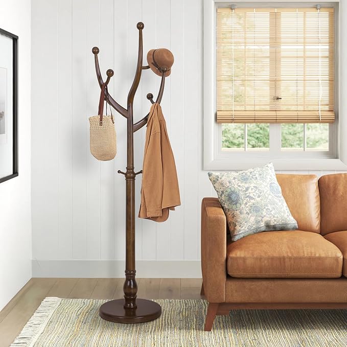 Wood Coat Rack Coat Tree Freestanding with Hooks, Heavy Duty Standing Coat Rack with Solid Round Base, 74” Tree Shaped Coat Hanger Stand for Clothes, Hat, Jacket, Entryway Bedroom, Walnut