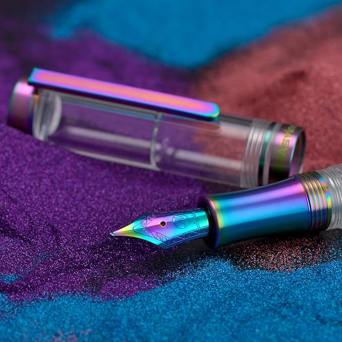 Asvine V200 Titanium Fountain Pen Vacuum Filling, Rainbow Bock Extra Fine Nib Clear Demonstrator Acrylic with Pen Case and Wrench
