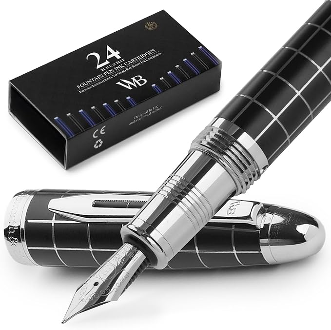 Wordsworth & Black Majesti Fountain Pen-(Checked), Luxury Case, Chrome Finish; Fine Nib- Ink Cartridges, Refillable Ink Converter-Calligraphy Pen-Best Business Gift Set for Men & Women