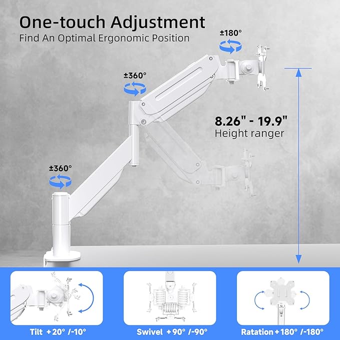 Suptek Ultrawide Monitor Arm Mount for 17 to 49 Inch Heavy Duty Curved Screen,Holds 46.2 lbs,Adjustable Gas Spring Monitor Arm Desk Mount Stand,75/100 Vesa Mount,White(MD71LW)