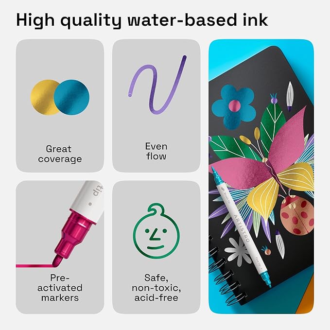 ARTISTRO Dual Tip Acrylic Paint Markers - Easy for All Ages & Levels Acrylic Paint Pens for Fabric, Rocks, Paper, Wood, Canvas, Glass, DIY (Dual Tip Metallic, 24)