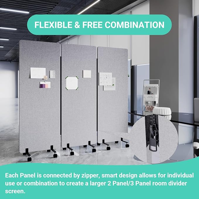 Soundproof Room Divider with Wheels, 66in Office Dividers for Sound Proofing & Reducing, 3 Panel Sound Proof Dividers for Office Partitions Portable Temporary Wall Acoustic Wall Divider，Light Grey