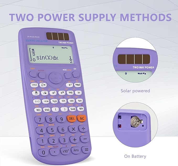 Scientific Calculators, IPepul Purple Math Calculator with 417 Function, Solar Battery Power and 4-Lines Display, School Supplies for Middle High College Students Teachers (Purple 991ES Plus)