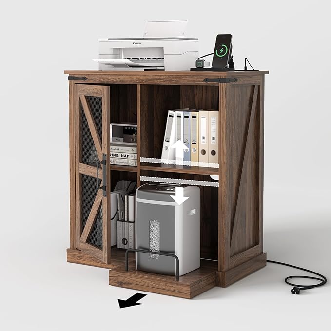 Printer Stand with Storage,File Cabinet with Socket and USB Charging Port,Farmhouse Paper Shredder Stand Rack with Slide-Out Shelf,Walnut
