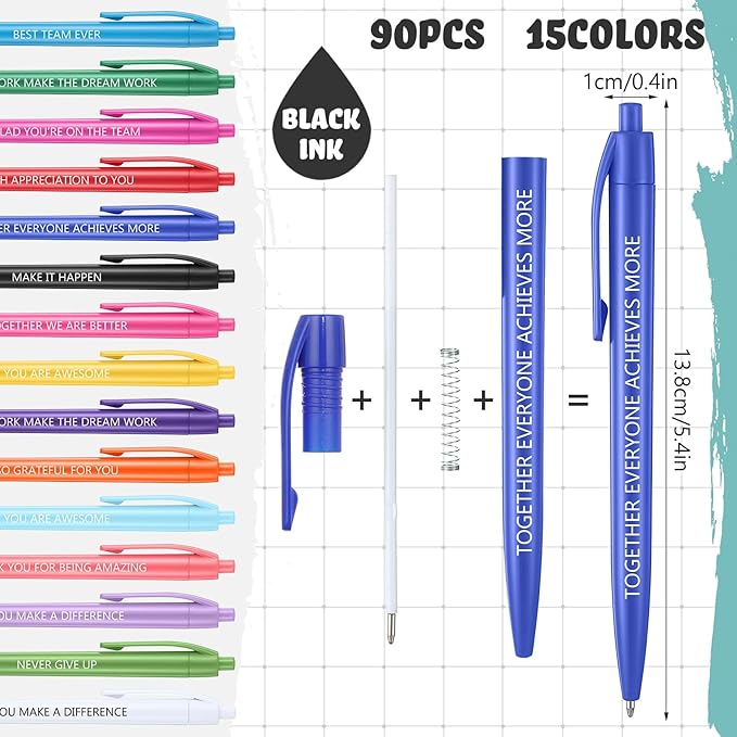 90 Pcs Ballpoint Team Building Pen Inspirational Quotes Black Gel Ink Pens Bulk for Appreciation Coworkers Employee Retractable Rolling Ballpoint Pens for Party Favor Gifts Supplies (Team)