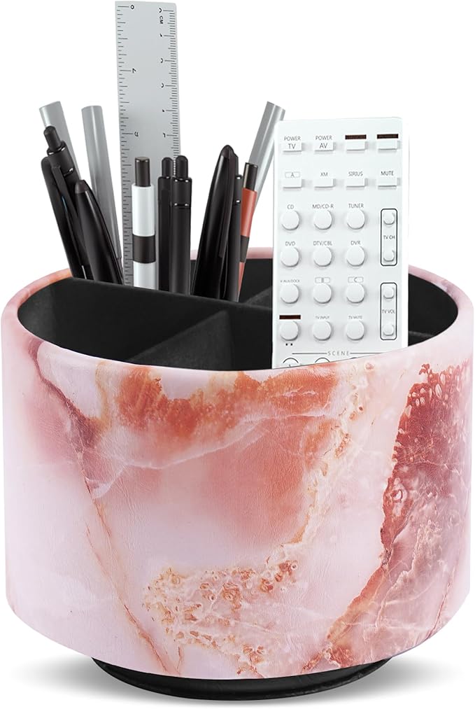Round Leather Art Supply Organizer,Remote Control Holder,360-degree Rotating Pen Organizer with 4 Compartments(1-Marble Pink)