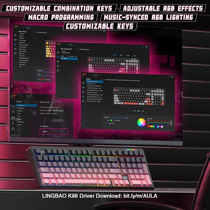 LINGBAO K98 Wireless Mechanical Gaming Keyboard, 10000mAh Battery Tri-Mode BT5.0/2.4GHz/USB-C, Gasket Custom Hot-Swappable Linear Switches Mechanical Keyboards, RGB Backlit Keyboard for PC Laptop
