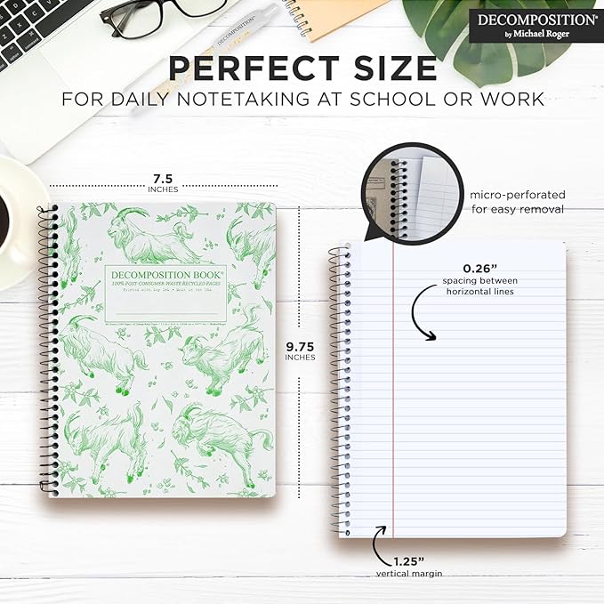 Decomposition Goatbook College Ruled Spiral Notebooks – 9.75 x 7.5 Journal with 160 Lined Pages – Notebooks for School Supplies, Home & Office – 100% Recycled Paper – Made in USA