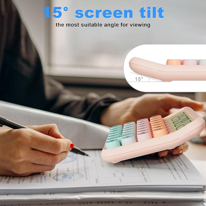 Mechanical Calculator 12 Digit Extra Large 5-Inch LCD Display, DECKLIT Battery Desk Calculator, Big Buttons Easy to Press Office Calculators Desktop, 15°Tilt Screen for Kids Calculator(Green&Pink)