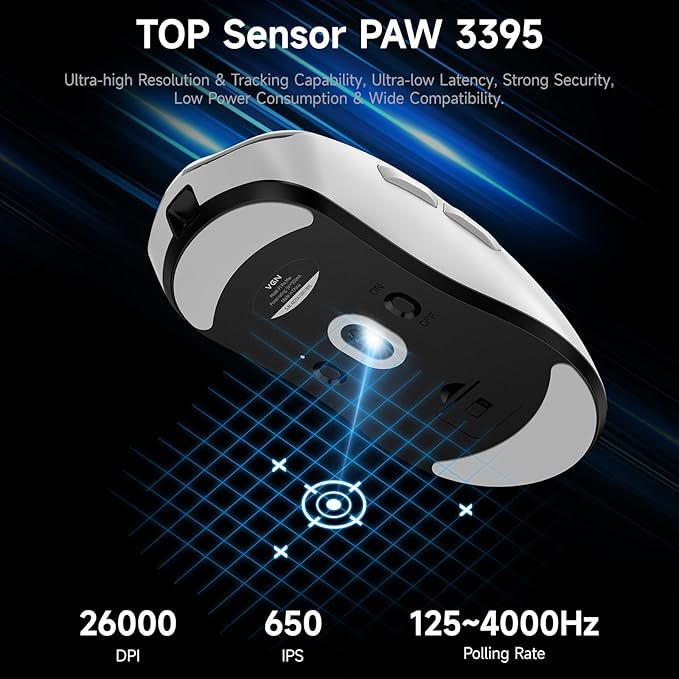 VGN F1 Pro Max Wireless Gaming Mouse - 55g Ultralight - 26000 Adjustable DPI - 1000Hz Polling Rate - 200h Battery - Wireless & Wired Mode - 6 Programmable Buttons - Professional Grade - USB-C - White