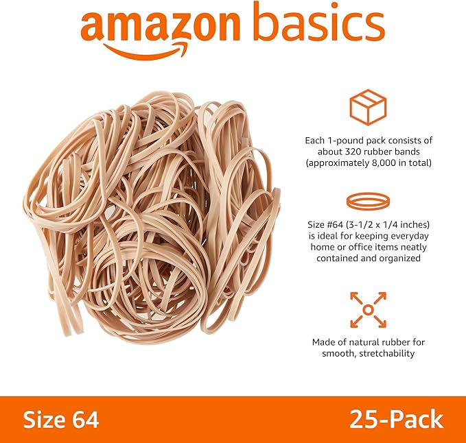 Amazon Basics Rubber Bands, Size 64 (3-1/2 x 1/4 Inch), 320 Bands/1 lb Pack, 25-Pack, Tan