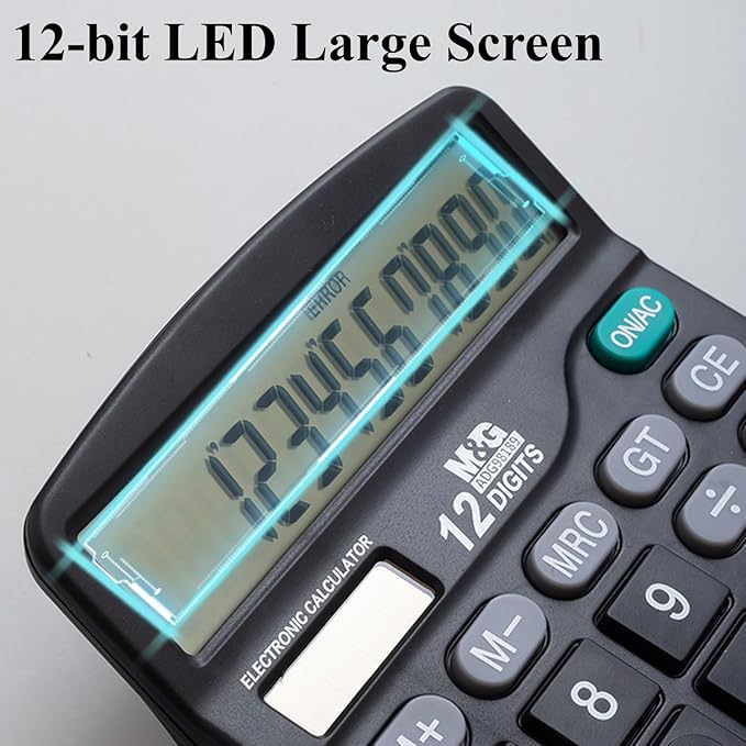 M&G Desk Calculator 12 Digit Office Calculators with Large LCD Display, Dual Solar Power and Battery, Recessed Big Button Calculator for Office Home School (Black)