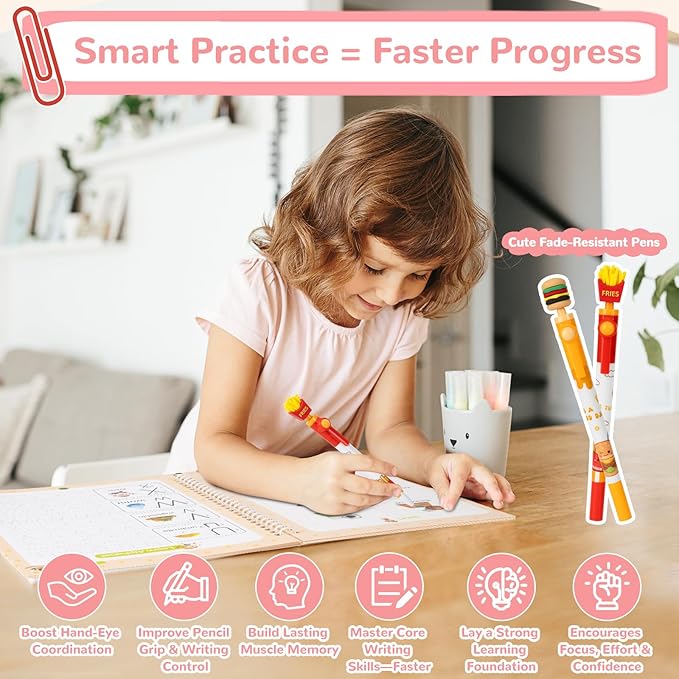 Large Size Grooved Writing Books for Kids Age 3-5 6-8, 8 Pack Magic Grooved Writing Practice Copybooks, Handwriting Prastice with Cute Fade-Resistant Pens, Workbooks Number Letter Tracing for Kids