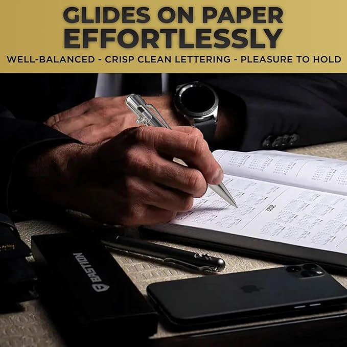 BASTION® Luxury Slim Bolt Action Pen, Durable EDC Pen with Fine Tip, Professional Ballpoint Pen for School and Work - Stainless