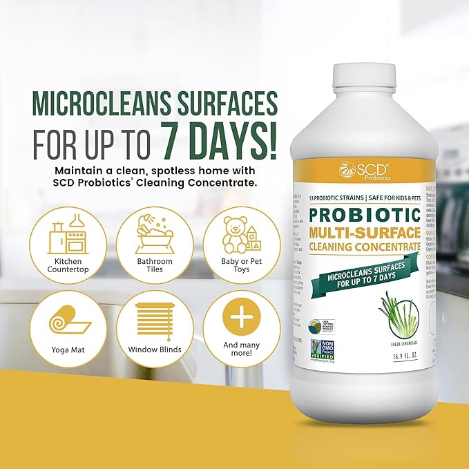 Probiotic Multi-Surface Cleaning Concentrate, Lemongrass – USDA Certified Biobased, Microcleans Surfaces for Up to 7 Days, Refill Bottle Makes 2 Gal Probiotic Spray Cleaner – 17 Fl Oz.
