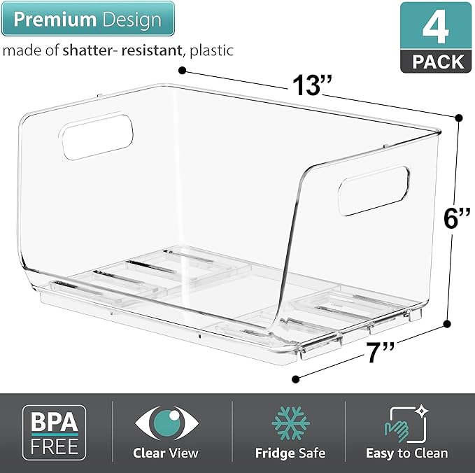 Sorbus Stackable Storage Bins Open Front - Clear Stackable Storage Bins - Pantry Bins for Storage and Organization - Acrylic Stackable Bins for Kitchen - Clear Pantry Organizer Bins (Small 4 Pack)