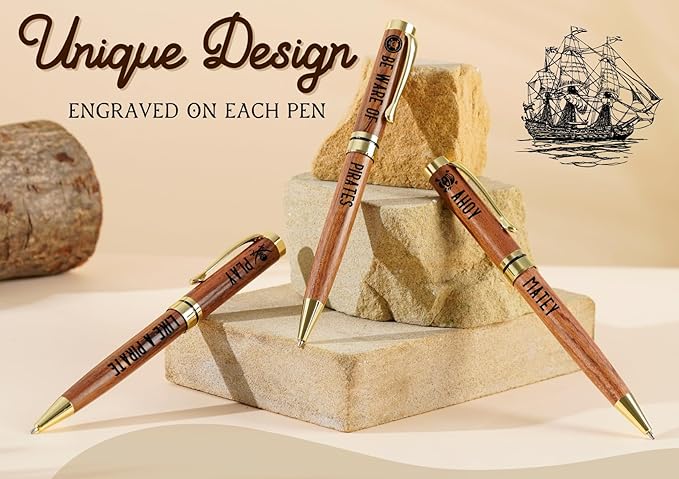 InnoBeta Pirate Gifts, Wooden Pen Set of 3, Gift Ideas for Pirate Lovers