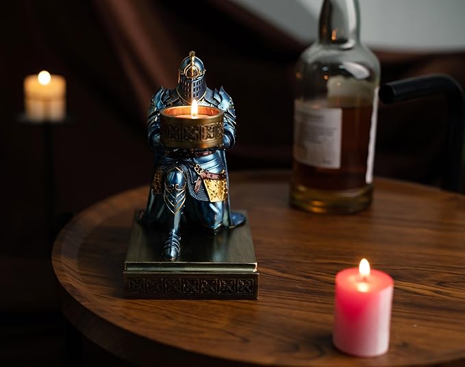 King's Guard Kneeling Knight Candlestick Holders Resin Posture TeaLight Holder Warrior Mobile Phone Stand Pen Holder Candle Holder for Restaurant, Altar, Home Table(Blue)