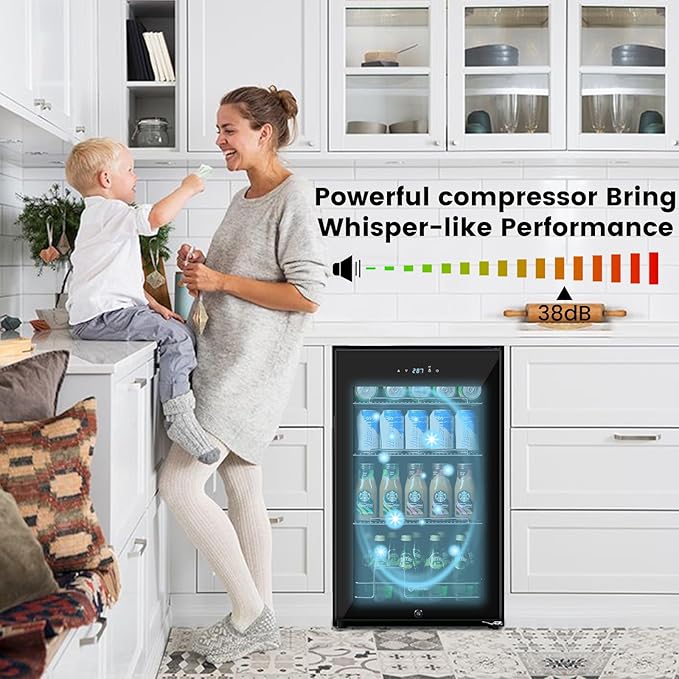 17 Inch Black Beverage Refrigerator Cooler, 96 Cans Mini Fridge with Glass Door&Lock, Beer Fridge for Soda Water or Wine, Drink Refrigerator for Home Office Bar Bedroom