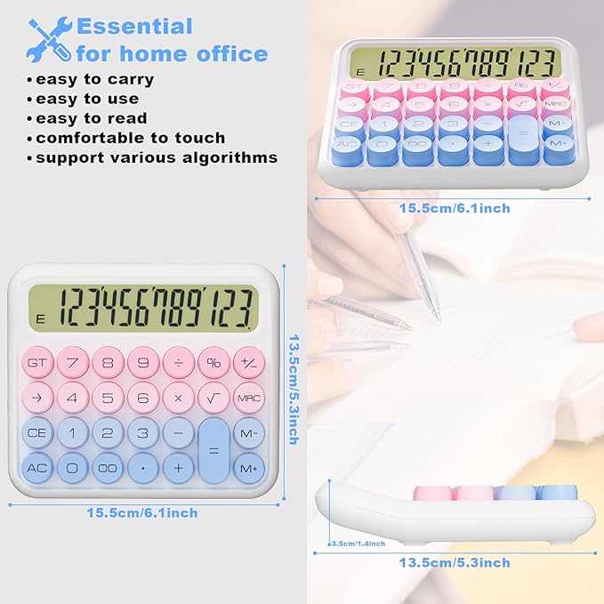 Mechanical Calculator 12 Digit Extra Large 5-Inch LCD Display, DECKLIT Battery Desk Calculator, Big Buttons Easy to Press Office Calculators Desktop, 15°Tilt Screen for Kids Calculator(Blue&Pink)