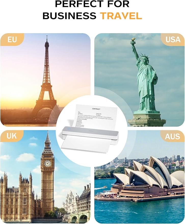 PRT Portable Printer Wireless for Travel, Inkless Bluetooth Small Mobile Thermal Printer, Support 8.5" X 11", A4, Compatible with iOS, Android, Laptop for Home Use, Office & Vehicles, 300 DPI, White