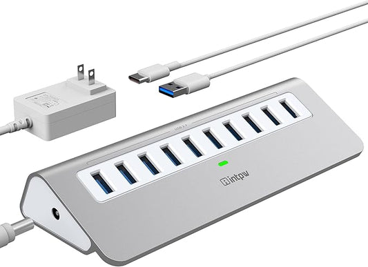 Powered USB Hub, intpw 10 Port USB 3.1 Hub with 10Gbps Data Transfer, 36W(12V/3A) Power Adapter, USB Type A and Type C Cable, Aluminum USB Hub for Laptop, MacBook and Desktop Computer