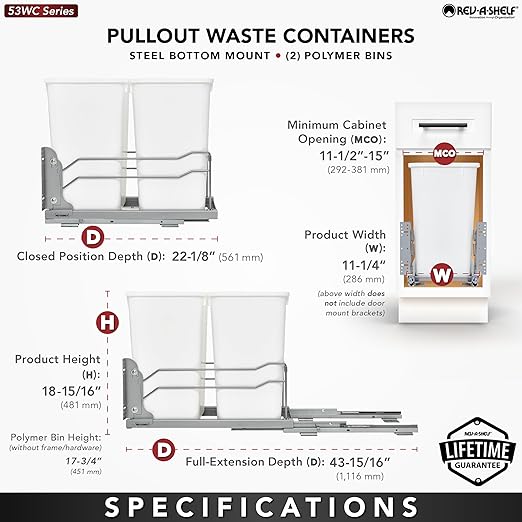 Rev-A-Shelf Double Pullout Trash Can for Base Kitchen Cabinets 27 Quart 12.5 Gallon with Soft-Close Slides, Champagne, 53WC-1527SCDM-212
