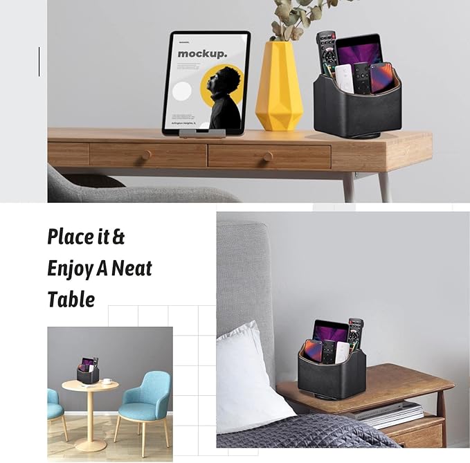 Remote Control Holder, Spinning Desk Organizer, Nightstand Bedside Caddy for TV Remotes/Tablets/Phones/Eyeglasses/Books/Pens - Black