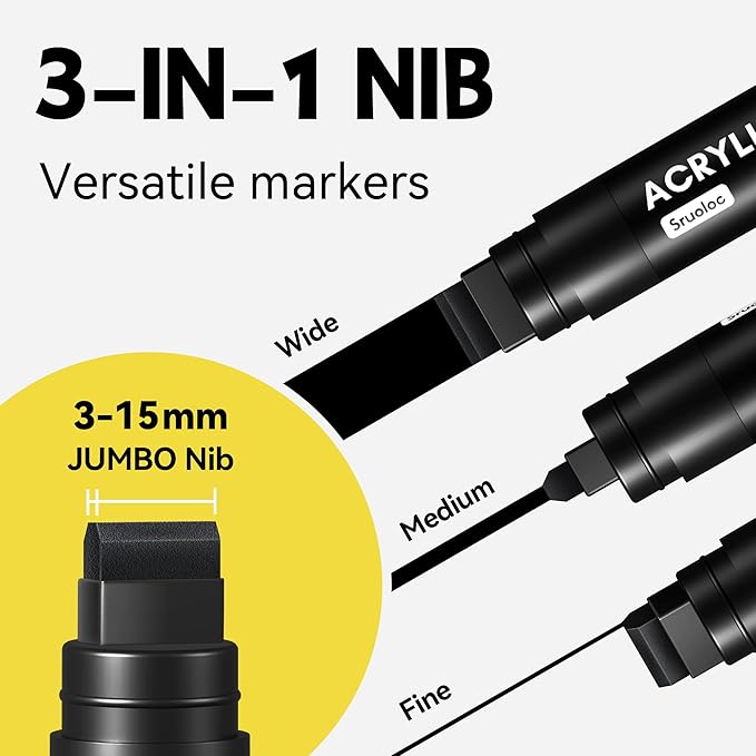 3 Jumbo Permanent Markers White, 15mm Thick Wide Tip, Large Acrylic Paint Markers for Rock Painting, Poster, Stone, Ceramic, Glass, Wood, Canvas