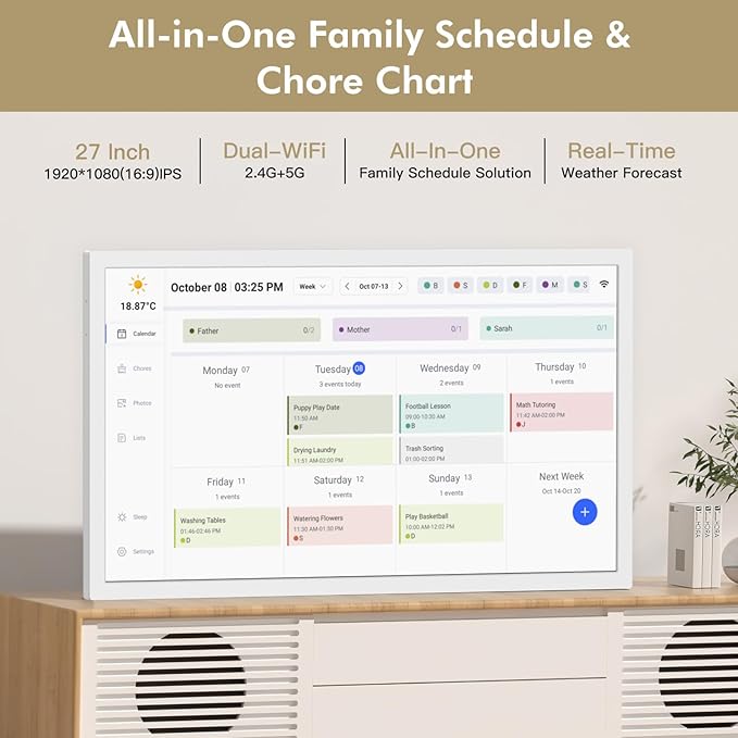 Digital Calendar Chore-Chart for-Family-Meal Planner - 27 inch Touchscreen Interactive Display Smart Calendar for Family To Do List, Dual-WiFi, Auto-Sync Google iCloud Outlook Calendars, Wall Mounted