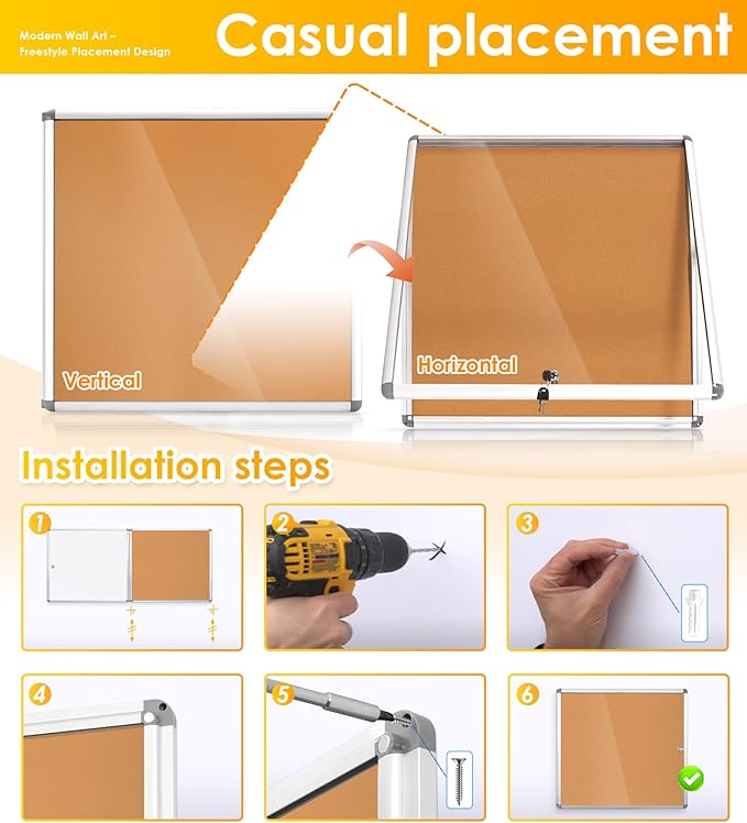 SWANCROWN Enclose Bulletin Board Case Big School Cork Pin Noticeboards Secure Cabinet for Message Guide 38x38inches (12xA4)