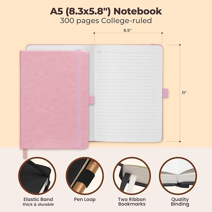 Lined Leather Bound Journal Notebook, A5 Hardcover - Pink 5.8x8.3" - Thick 300 Pages College Ruled Paper Journals for Men and Women - Personal and Professional Note Book for Writing & Journaling