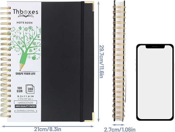 Spiral Notebook 8.3” x 11.6”, 300 Pages/150 Sheets College Ruled Notebook A4 Journaling Notebook with Index Sticker, Back Pocket, Elastic Band for Work Business School Note Taking, Black