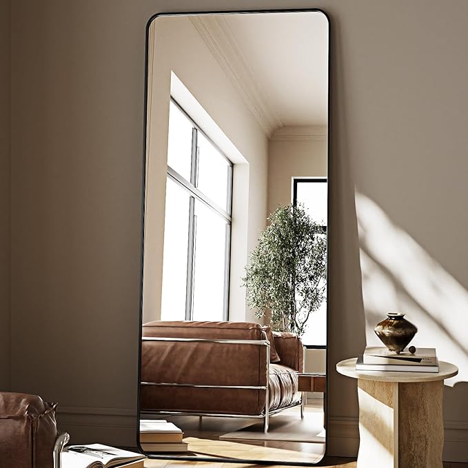 HARRITPURE 66x23 inch Rounded Full Length Mirror Aluminum Frame Mirror Full Length Floor Mirror with Stand for Living Room Bedroom Cloakroom,Black