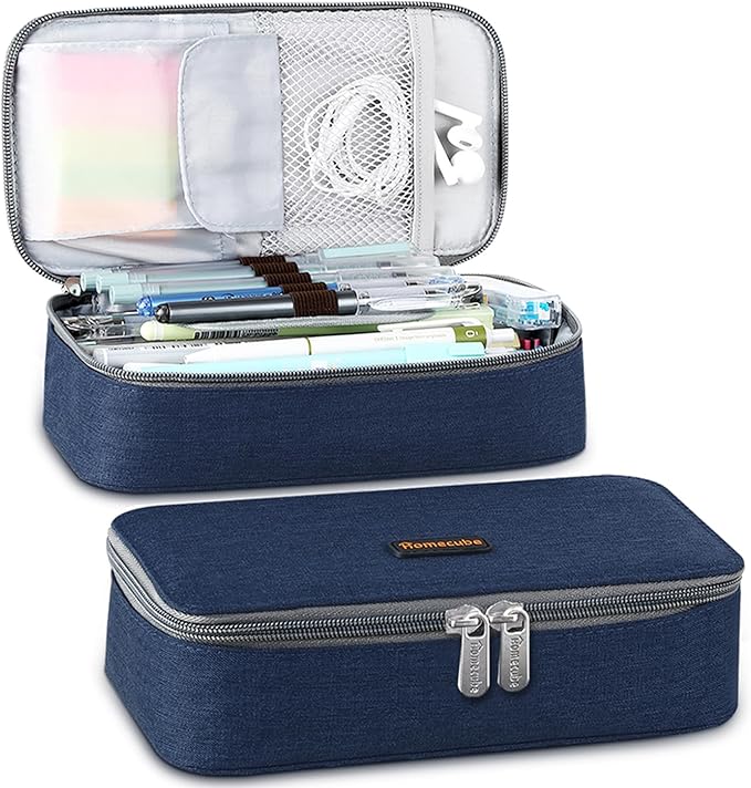 Homecube Capacious Pencil Case Pen Box Makeup Bag Pouch Pencils Holder Large Storage Stationery Box with Zipper School Supplies for College and Office - Navy Blue