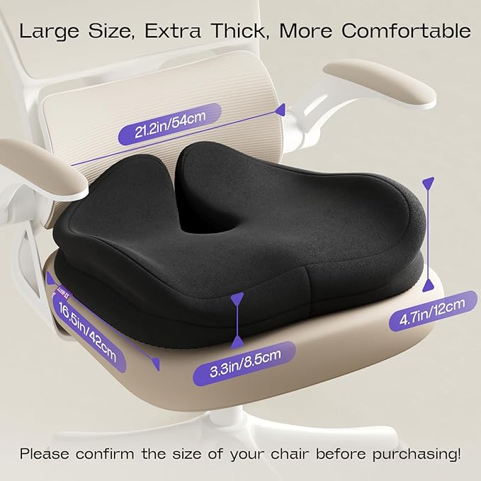 Seat Cushions for Office Chairs - Patented Coccyx Cushion for Tailbone Pain - 21.2" W x 16.5" L Extra Large Memory Foam Seat Cushion with Removable Cover