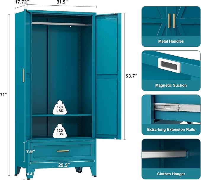 Farmhouse Wardrobe Cabinet with 2 Drawers,Metal Wardrobe Closet with Hanging Rod,Metal Armoire with Adjustable Shelves for Bedroom,Living Room, Cloak Room,Office (Blue)