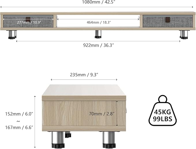 Fenge Monitor Stand, Dual Monitor Stand with 2 Drawers, Monitor Riser for 2 Monitors, Adjustable Height Computer Stand, Office Monitor Stands for Desk, Laptop, PC, TV, Printer