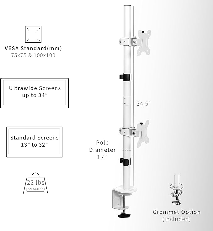 VIVO Dual Vertically Stacked LCD Monitor Desk Mount, Extra Tall Heavy Duty Adjustable Stand for 2 Ultrawide Screens up to 34 inches, 22 lbs Capacity, White, STAND-V002TW