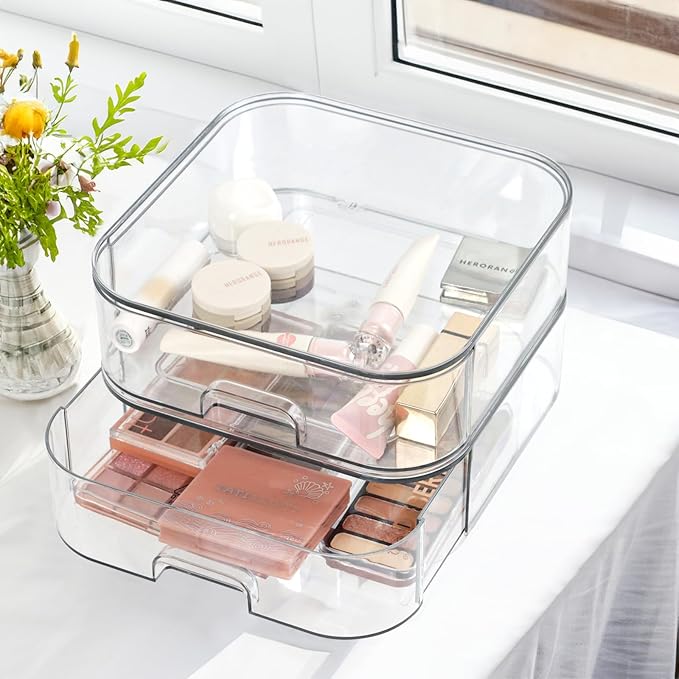 Set of 2 Stackable Storage Drawers - 7.8" Clear Plastic Drawer Storage, Acrylic Makeup Organizer, Desk Counter Cabinet Office Organizer, Bathroom Organizers and Storage (Square/Set of 2)