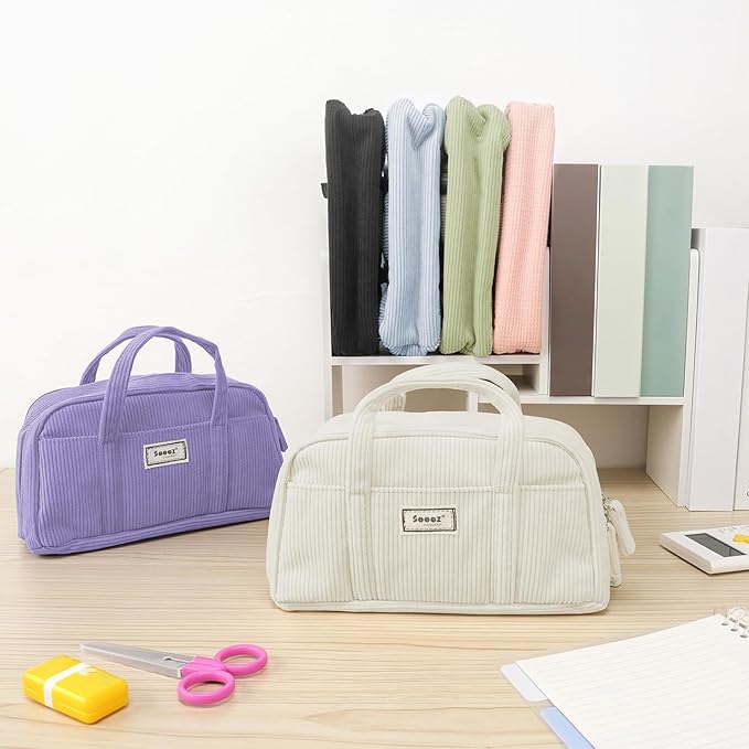 Sooez Large Pencil Case Pouch, Extra Big Pencil Bag with 5 Compartments, Pen Bag Wide Opening, Soft Corduroy Pencil Pouch Organizer with Zipper, Cute Aesthetic School Supplies for Teen Girls-Blue