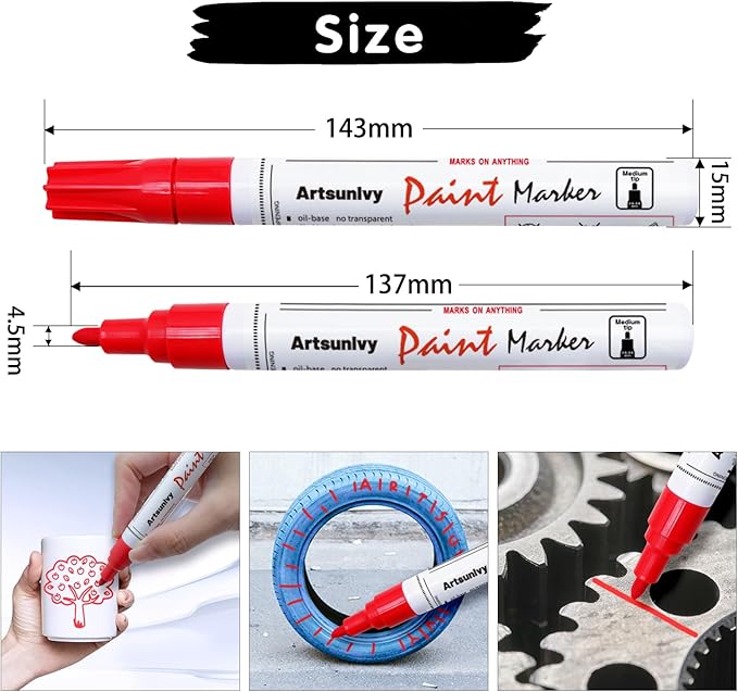Red Permanent Paint Markers - 2 Pack Oil-Based Medium Tip,Waterproof Quick Dry Paint Pens for Metal,Rock,Wood,Fabric,Plastic,Canvas,Glass, Mug
