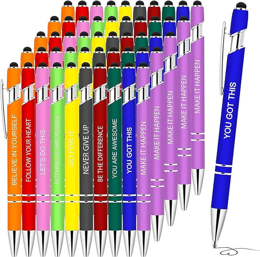 50 Pieces Inspirational Pens, Motivational Ballpoint Pen with Stylus Tip Funny Ink Pens Bulk Inspirational Gifts for Women Coworkers Office Supplies Black Ink
