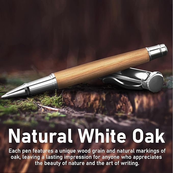 WEMATE Luxury Rollerball Pen Set, Extra 2 Ink Refills(1 Black & 1 Blue), Fancy Writing Pen Nice Office Gift for Men, Professional, Executive, Cool Wooden Pen for Journaling - Oak